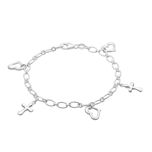 Bracelet Chaîne Croix et Cœurs — Argent 925